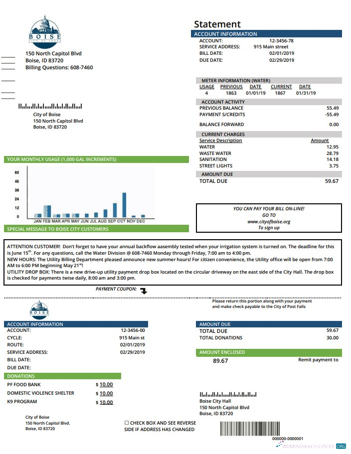 download USA Idaho Boise City of Trees water utility bill template in Word and PDF format PDF template